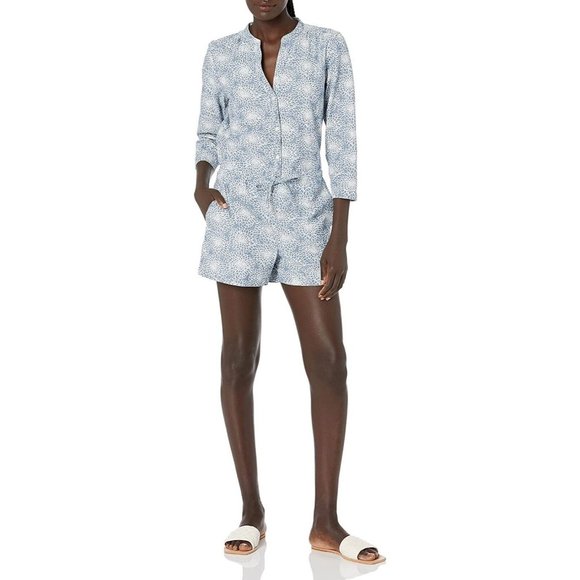 J. Crew Mercantile Romper Blue White Three-Quarter Sleeve Printed Preppy Size 00 - Picture 1 of 9